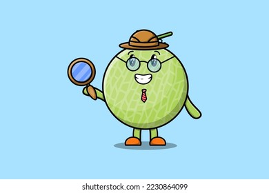 Cute cartoon character Melon detective is searching with magnifying glass
