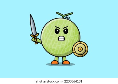 Cute cartoon character Melon holding sword and shield in modern style design