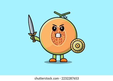 Cute cartoon character Melon holding sword and shield in modern style design