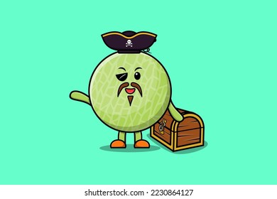 Cute cartoon character Melon pirate with treasure box illustration in modern style design