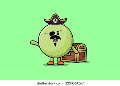 Cute cartoon character Melon pirate with treasure box illustration in modern style design