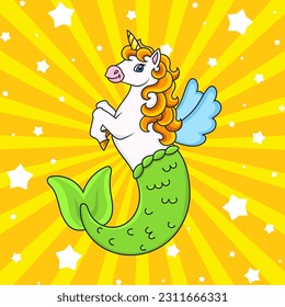 Cute cartoon character. Cute mermaid unicorn. Colorful vector illustration. Isolated on color background. Template for your design.