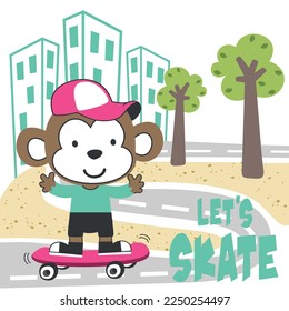 Cute cartoon character monkey skater. Vector print with cute lion on a skateboard. Can be used for t-shirt print, kids wear fashion design, fabric textile, nursery wallpaper and other decoration.