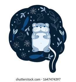Cute Cartoon character monochrome Lemming on a blue sticker with ornaments, isolated on white background. Vector Illustrations for children. Baby Shower card.  North Pole animal wildlife