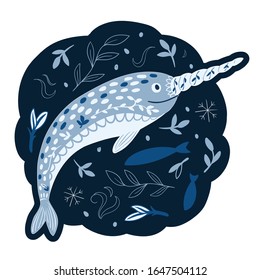 Cute Cartoon character monochrome little Narwhal on a blue sticker with ornaments, isolated on white background. Vector Illustrations for children. Baby Shower card.  North Pole animal wildlife