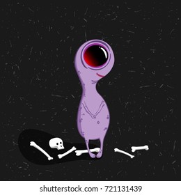 Cute cartoon character. Monster with big eye on the dark background. Halloween vector illustration