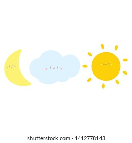 Cute cartoon character moon, cloud and sun. Baby wallpaper or sticker. Vector EPS10