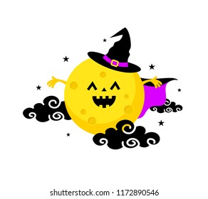 Cute cartoon character moon wearing a witch suit. Happy Halloween concept. Illustration isolated on white background. For poster, banner, greeting card, invitation.