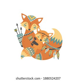 Cute cartoon character mother fox and baby. Vector print with baby and mom fox