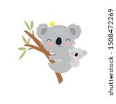 Cute cartoon character mother koala and baby. Print for baby shower party. Vector print with baby and mom koala