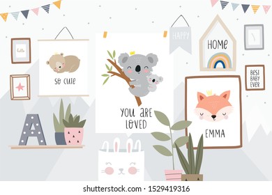 Cute Cartoon Charakter Mutter koala und Baby. Drucken Sie für eine Babydusche. Vektorgrafik mit Baby und Mutter koala im Inneren des Kinderzimmers. Flache Illustration