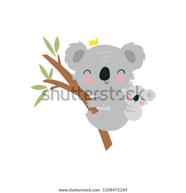 Cute cartoon\
character mother koala and baby. Print for baby shower party.\
Vector print with baby and mom\
koala
