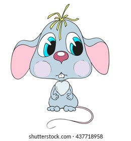 Cute cartoon character mouse. Sad little mouse. Vector isolated