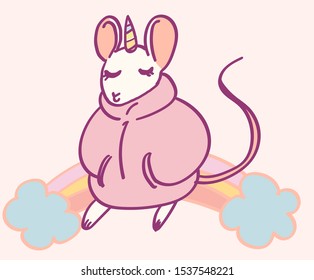 Cute cartoon character mouse unicorn, funny magical hand drawn vector illustration. Tee, card print graphic art.