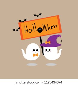 Cute cartoon character of mr. and mrs. ghost with Halloween tag to celebrate happy holiday celebration. 