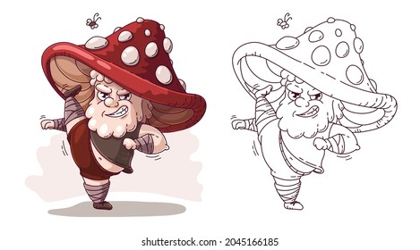 Cute cartoon character - mushroom fighter. Kung fu mushroom. Coloring page