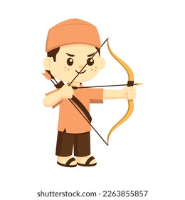 Cute Cartoon Character Muslim Boy is Practicing Archery