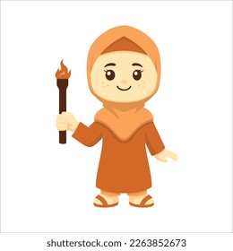 Cute Cartoon Character Muslim Girl Holding Torch  