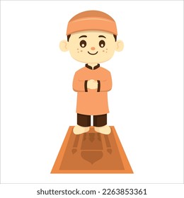 Cute Cartoon Character Muslim Kids Praying  
