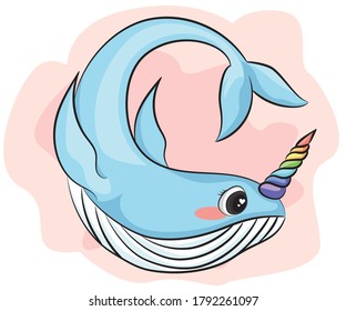 Cute cartoon character narwhal with rainbow horn, funny unicorn whale drawing.