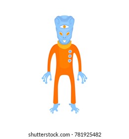 Cute cartoon character of the newcomer with a big head and three eyes. Upholstery UFO in a space suit for children's parties and parties. Vector illustration on white background