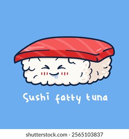 Cute cartoon character of nigiri sushi fatty tuna.