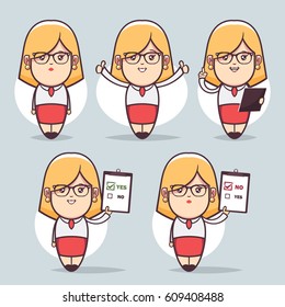 Cute Cartoon Character. Office Girl Holding Different Objects - Set