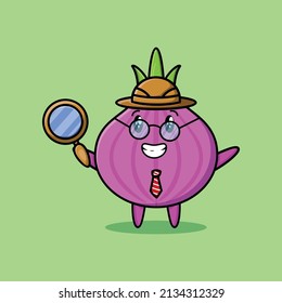 Cute cartoon character Onion detective is searching with magnifying glass