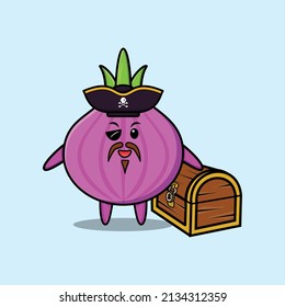 Cute cartoon character Onion pirate with treasure box in modern style design