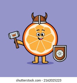 Cute cartoon character Orange fruit viking pirate with hat and holding hammer and shield