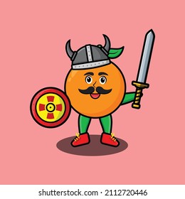 Cute cartoon character Orange viking pirate with hat and holding sword and shield in cute modern style design for t-shirt, sticker, logo element, poster