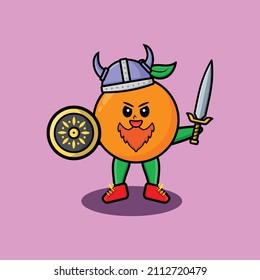 Cute cartoon character Orange viking pirate with hat and holding sword and shield in cute modern style design for t-shirt, sticker, logo element, poster
