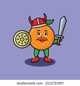 Cute cartoon character Orange viking pirate with hat and holding sword and shield in cute modern style design for t-shirt, sticker, logo element, poster