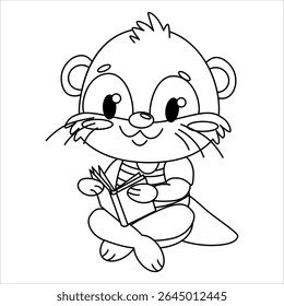 Lontra de personagem de desenho animado bonito com olhos grandes e expressão lúdica. A lontra está sentada lendo um livro, tem uma camiseta listrada, corpo redondo e patas pequenas. Ilustração vetorial
