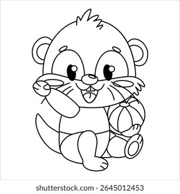 Lontra de personagem de desenho animado bonito com olhos grandes e expressão lúdica. Otter está sentado com uma bola de praia, acenando com a mão mostrando seu corpo redondo e pequenas patas. Ilustração vetorial