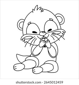 Lontra de personagem de desenho animado bonito com olhos grandes e expressão lúdica. A lontra senta-se e segura uma concha em suas patas, ele tem um corpo redondo e pequenas patas. Ilustração vetorial