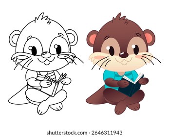 A cute cartoon character otter, one in outline and one in color, sits cross-legged reading a small book. The otter has a brown body and is wearing a blue shirt. Vector illustration