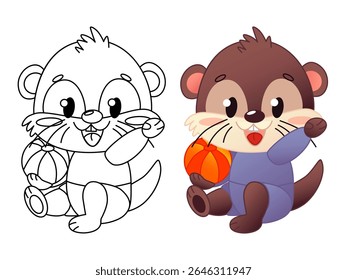 Cute cartoon character otter, one in outline and one in color, sits holding an orange beach ball. The otter has a brown body and a purple costume. Vector illustration
