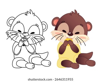 Cute cartoon character otter, one in outline and one in color, sitting and smiling, holding a seashell in his paws. The otter has a brown body and a yellow costume. Vector illustration