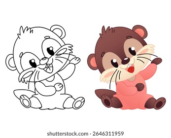 Cute cartoon character otter, one in outline and one in color, sitting and smiling and waving his paws. The otter has a brown body and a pink costume. Vector illustration