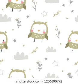 Cute cartoon character owl. Funny owl vector illustration. You can use the print design for t-shirts, posters and cards. Seamless pattern