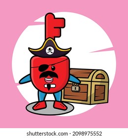 Cute cartoon character Padlock key pirate with treasure box in modern style design for t-shirt, sticker logo element