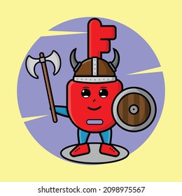 Cute cartoon character Padlock key viking pirate with hat and holding ax and shield in modern design for t-shirt, sticker, logo element, poster