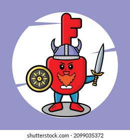 Cute cartoon character Padlock key viking pirate with hat and holding sword and shield in cute modern style design for t-shirt, sticker, logo element, poster