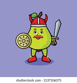 Personaje de caricatura lindo Pear fruta viéndose pirata con sombrero y sosteniendo espada y escudo