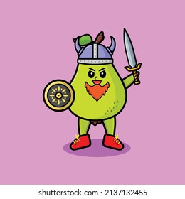 Cute Cartoon-Charakter Birnen-Fruchtvirat mit Hut und mit Schwert und Schild