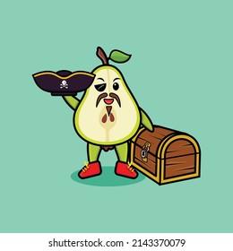 Personaje de dibujos animados lindo Pear fruta pirata con caja del tesoro de diseño moderno