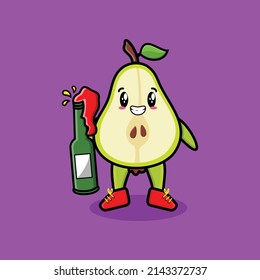 Cute cartoon character Pear fruit with soda bottle in modern cute style design