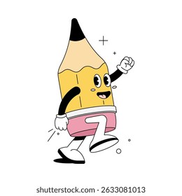 Cute cartoon character of a pencil mascot with a smiling face, expressive eyes, and walking hand gesture.