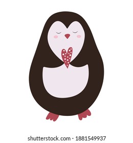 Cute cartoon character penguin with heart in paws isolated on white background. Vector hand drawn illustration of Valentine's Day and Love for postcard, banner, greeting card, poster and t-shirt print